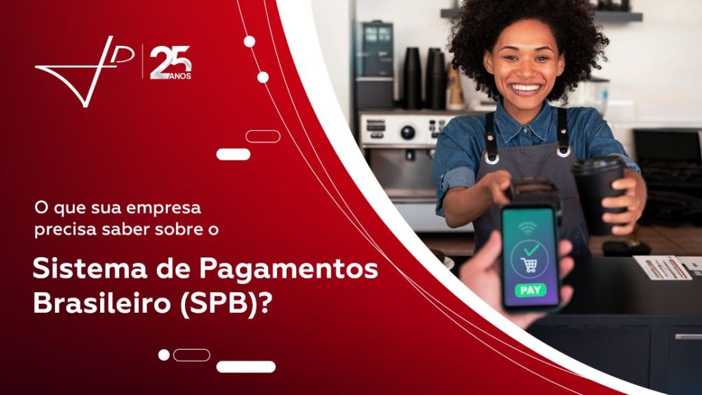 Banner sobre Sistema de Pagamentos Brasileiro com atendente realizando pagamento por maquininha em ambiente comercial.
